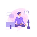 Businessman meditates in the Lotus position in the workplace. Calm pose, mental balance, harmony, spirituality energy, body exerci Royalty Free Stock Photo